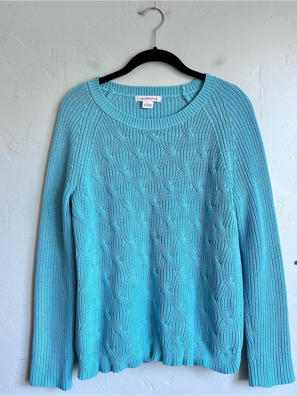 Vintage Liz Claiborne Blue Classic Cable Knit Sweater Women Large Coastal Preppy